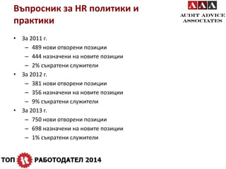 Въпросник за HR политики и 
практики 
• За 2011 г. 
– 489 нови отворени позиции 
– 444 назначени на новите позиции 
– 2% съкратени служители 
• За 2012 г. 
– 381 нови отворени позиции 
– 356 назначени на новите позиции 
– 9% съкратени служители 
• За 2013 г. 
– 750 нови отворени позиции 
– 698 назначени на новите позиции 
– 1% съкратени служители 
 