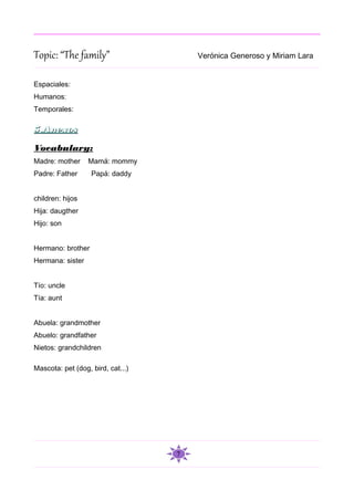 Topic: “The family”                    Verónica Generoso y Miriam Lara


Espaciales:
Humanos:
Temporales:

5.Anexos

Vocabulary:
Madre: mother     Mamá: mommy
Padre: Father      Papá: daddy


children: hijos
Hija: daugther
Hijo: son


Hermano: brother
Hermana: sister


Tío: uncle
Tía: aunt


Abuela: grandmother
Abuelo: grandfather
Nietos: grandchildren

Mascota: pet (dog, bird, cat...)




                                   7
 