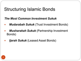 Structuring Islamic Bonds
The Most Common Investment Sukuk
 Mudarabah Sukuk (Trust Investment Bonds)
 Musharakah Sukuk (Partnership Investment
Bonds)
 Ijarah Sukuk (Leased Asset Bonds)
11
 
