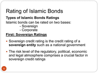 Rating of Islamic Bonds
Types of Islamic Bonds Ratings
Islamic bonds can be rated on two bases:
- Sovereign
- Corporate
First: Sovereign Ratings
 Sovereign credit rating is the credit rating of a
sovereign entity such as a national government
 The risk level of the regulatory, political, economic
and legal atmosphere comprises a crucial factor in
sovereign credit ratings
32
 
