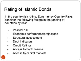 Rating of Islamic Bonds
In the country risk rating, Euro money Country Risks
consider the following factors in the ranking of
countries by risk:
- Political risk
- Economic performance/projections
- Structural assessment
- Debt indicators
- Credit Ratings
- Access to bank finance
- Access to capital markets
33
 
