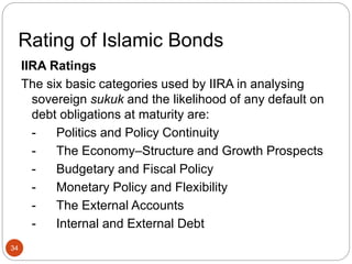 Rating of Islamic Bonds
IIRA Ratings
The six basic categories used by IIRA in analysing
sovereign sukuk and the likelihood of any default on
debt obligations at maturity are:
- Politics and Policy Continuity
- The Economy–Structure and Growth Prospects
- Budgetary and Fiscal Policy
- Monetary Policy and Flexibility
- The External Accounts
- Internal and External Debt
34
 