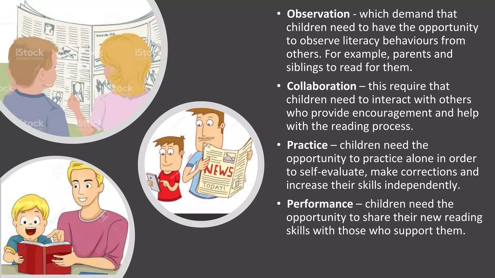 • Observation - which demand that
children need to have the opportunity
to observe literacy behaviours from
others. For example, parents and
siblings to read for them.
• Collaboration – this require that
children need to interact with others
who provide encouragement and help
with the reading process.
• Practice – children need the
opportunity to practice alone in order
to self-evaluate, make corrections and
increase their skills independently.
• Performance – children need the
opportunity to share their new reading
skills with those who support them.
 