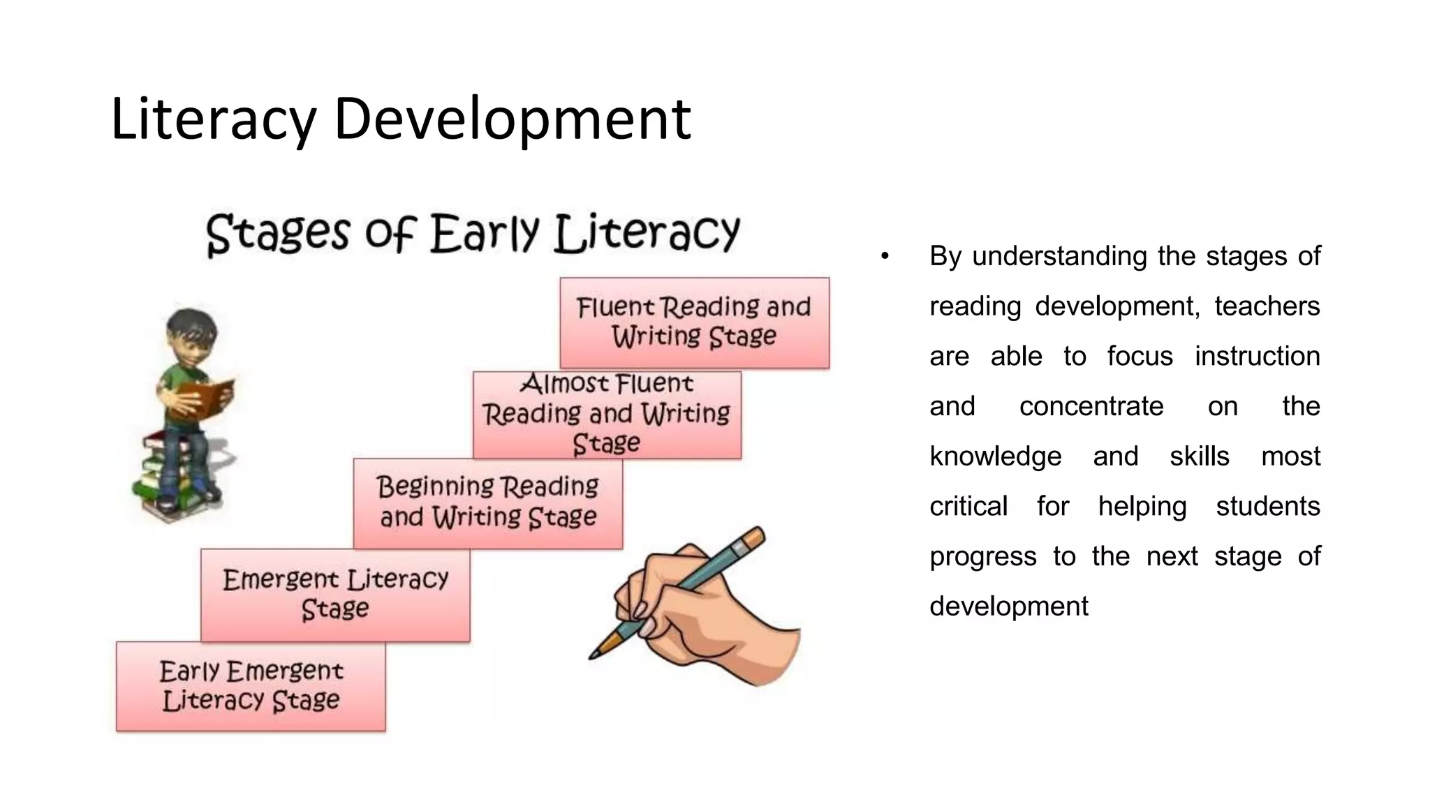 Literacy Development
• By understanding the stages of
reading development, teachers
are able to focus instruction
and concentrate on the
knowledge and skills most
critical for helping students
progress to the next stage of
development
 