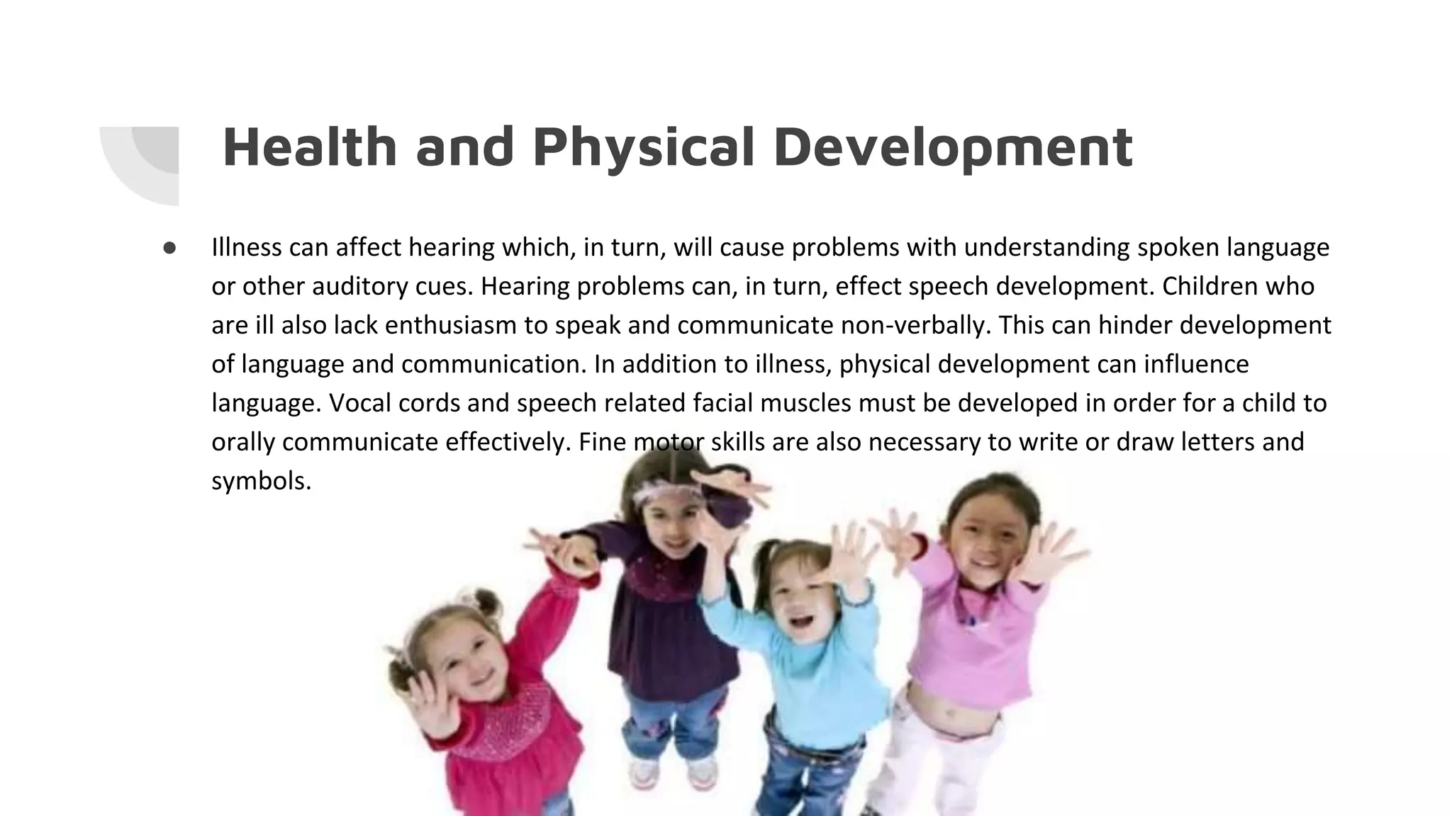Health and Physical Development
● Illness can affect hearing which, in turn, will cause problems with understanding spoken language
or other auditory cues. Hearing problems can, in turn, effect speech development. Children who
are ill also lack enthusiasm to speak and communicate non-verbally. This can hinder development
of language and communication. In addition to illness, physical development can influence
language. Vocal cords and speech related facial muscles must be developed in order for a child to
orally communicate effectively. Fine motor skills are also necessary to write or draw letters and
symbols.
 