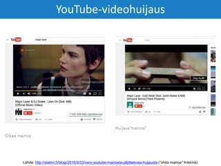 Lähde: http://statiivi.fi/blogi/2016/9/23/varo-youtube-mainosta-jaljittelevaa-huijausta (”ohita mainos” linkkinä)
YouTube-videohuijaus
 