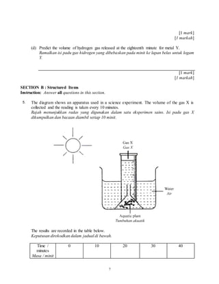 7
[1 mark]
[1 markah]
(d) Predict the volume of hydrogen gas released at the eighteenth minute for metal Y.
Ramalkan isi padu gas hidrogen yang dibebaskan pada minit ke lapan belas untuk logam
Y.
[1 mark]
[1 markah]
SECTION B : Structured Items
Instruction: Answer all questions in this section.
5. The diagram shows an apparatus used in a science experiment. The volume of the gas X is
collected and the reading is taken every 10 minutes.
Rajah menunjukkan radas yang digunakan dalam satu eksperimen sains. Isi padu gas X
dikumpulkan dan bacaan diambil setiap 10 minit.
The results are recorded in the table below.
Keputusan direkodkan dalam jadual di bawah.
Time /
minutes
Masa / minit
0 10 20 30 40
 