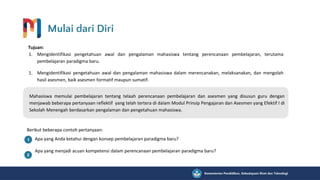 Mulai dari Diri
Mahasiswa memulai pembelajaran tentang telaah perencanaan pembelajaran dan asesmen yang disusun guru dengan
menjawab beberapa pertanyaan reflektif yang telah tertera di dalam Modul Prinsip Pengajaran dan Asesmen yang Efektif I di
Sekolah Menengah berdasarkan pengalaman dan pengetahuan mahasiswa.
Berikut beberapa contoh pertanyaan:
Apa yang Anda ketahui dengan konsep pembelajaran paradigma baru?
Apa yang menjadi acuan kompetensi dalam perencanaan pembelajaran paradigma baru?
Tujuan:
1. Mengidentifikasi pengetahuan awal dan pengalaman mahasiswa tentang perencanaan pembelajaran, terutama
pembelajaran paradigma baru.
1. Mengidentifikasi pengetahuan awal dan pengalaman mahasiswa dalam merencanakan, melaksanakan, dan mengolah
hasil asesmen, baik asesmen formatif maupun sumatif.
 