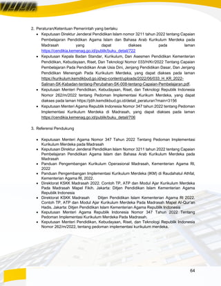 64
2. Peraturan/Ketentuan Pemerintah yang berlaku
• Keputusan Direktur Jenderal Pendidikan Islam nomor 3211 tahun 2022 tentang Capaian
Pembelajaran Pendidikan Agama Islam dan Bahasa Arab Kurikulum Merdeka pada
Madrasah yang dapat diakses pada laman
https://cendikia.kemenag.go.id/publik/buku_detail/722
• Keputusan Kepala Badan Standar, Kurikulum, Dan Asesmen Pendidikan Kementerian
Pendidikan, Kebudayaan, Riset, Dan Teknologi Nomor 033/H/Kr/2022 Tentang Capaian
Pembelajaran Pada Pendidikan Anak Usia Dini, Jenjang Pendidikan Dasar, Dan Jenjang
Pendidikan Menengah Pada Kurikulum Merdeka, yang dapat diakses pada laman
https://kurikulum.kemdikbud.go.id/wp-content/uploads/2022/06/033_H_KR_2022-
Salinan-SK-Kabadan-tentang-Perubahan-SK-008-tentang-Capaian-Pembelajaran.pdf.
• Keputusan Menteri Pendidikan, Kebudayaan, Riset, dan Teknologi Republik Indonesia
Nomor 262/m/2022 tentang Pedoman Implementasi Kurikum Merdeka, yang dapat
diakses pada laman https://jdih.kemdikbud.go.id/detail_peraturan?main=3156
• Keputusan Menteri Agama Republik Indonesia Nomor 347 tahun 2022 tentang Pedoman
Implementasi Kurikulum Merdeka di Madrasah, yang dapat diakses pada laman
https://cendikia.kemenag.go.id/publik/buku_detail/706
3. Referensi Pendukung
• Keputusan Menteri Agama Nomor 347 Tahun 2022 Tentang Pedoman Implementasi
Kurikulum Merdeka pada Madrasah
• Keputusan Direktur Jenderal Pendidikan Islam Nomor 3211 tahun 2022 tentang Capaian
Pembelajaran Pendidikan Agama Islam dan Bahasa Arab Kurikulum Merdeka pada
Madrasah
• Panduan Pengembangan Kurikulum Operasional Madrasah, Kementerian Agama RI,
2022
• Panduan Pengembangan Implementasi Kurikulum Merdeka (IKM) di Raudahatul Athfal,
Kementerian Agama RI, 2022.
• Direktorat KSKK Madrasah 2022. Contoh TP, ATP dan Modul Ajar Kurikulum Merdeka
Pada Madrasah Mapel Fikih. Jakarta: Ditjen Pendidikan Islam Kementerian Agama
Republik Indonesia
• Direktorat KSKK Madrasah Ditjen Pendidikan Islam Kementerian Agama RI 2022.
Contoh TP, ATP dan Modul Ajar Kurikulum Merdeka Pada Madrasah Mapel Al-Qur’an
Hadis. Jakarta: Ditjen Pendidikan Islam Kementerian Agama Republik Indonesia
• Keputusan Menteri Agama Republik Indonesia Nomor 347 Tahun 2022 Tentang
Pedoman Implementasi Kurikulum Merdeka Pada Madrasah.
• Keputusan Menteri Pendidikan, Kebudayaan, Riset, dan Teknologi Republik Indonesia
Nomor 262/m/2022, tentang pedoman implementasi kurikulum merdeka.
 