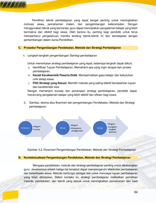 84
Pemilihan teknik pembelajaran yang tepat sangat penting untuk meningkatkan
motivasi siswa, pemahaman materi, dan pengembangan keterampilan. Dengan
menggunakan teknik yang bervariasi, guru dapat menciptakan pengalaman belajar yang lebih
bermakna dan efektif bagi siswa. Oleh karena itu, penting bagi pendidik untuk terus
memperbarui pengetahuan mereka tentang teknik-teknik ini dan beradaptasi dengan
perkembangan dalam dunia Pendidikan.
C. Prosedur Pengembangan Pendekatan, Metode dan Strategi Pembelajaran
1. Langkah-langkah pengembangan Startegi pembelajaran
Untuk menentukan strategi pembelajaran yang tepat, beberapa langkah dapat diikuti.
a. Identifikasi Tujuan Pembelajaran. Memahami apa yang ingin dicapai dari proses
pembelajaran.
b. Kenali Karakteristik Peserta Didik. Memperhatikan gaya belajar dan kebutuhan
unik setiap siswa.
c. Pilih Strategi yang Sesuai. Memilih metode yang paling efektif berdasarkan tujuan
dan karakteristik sisw
Dengan memahami konsep dan penerapan strategi pembelajaran, pendidik dapat
merancang pengalaman belajar yang lebih efektif dan efisien bagi siswa.
2. Gambar, skema atau flowchart dari pengembangan Pendekatan, Metode dan Strategi
pembelajaran
Gambar 3.2. Flowchart Pengembangan Pendekatan, Metode dan Strategi Pembelajaran
D. Kontekstualisasi Pengembangan Pendekatan, Metode dan Strategi Pembelajaran
Mengapa pendekatan, metode dan strategi pembelajaran penting untuk dikebangkan
guru. Jawabannya adalah ketiga hal tersebut dapat mempengaruhi efektivitas pembelajaran
dan keterlibatan siswa. Metode berfungsi sebagai alat untuk mencapai tujuan pembelajaran
yang telah ditetapkan. Dalam konteks ini, strategi pembelajaran melibatkan pemilihan
metode, pendekatan, dan teknik yang sesuai untuk meningkatkan pemahaman dan hasil
•Ragam
•sintak
Pendekatan
•Ragam
•Kewajaran
penggunaan
Metode
•Ragam
•Langkah-
langkah
aktivitas
Startegi
 