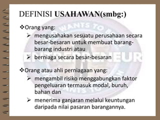 DEFINISI USAHAWAN(smbg:)
Orang yang:
 mengusahakan sesuatu perusahaan secara
besar-besaran untuk membuat barang-
barang industri atau
 berniaga secara besar-besaran
Orang atau ahli perniagaan yang:
 mengambil risiko menggabungkan faktor
pengeluaran termasuk modal, buruh,
bahan dan
 menerima ganjaran melalui keuntungan
daripada nilai pasaran barangannya.
 
