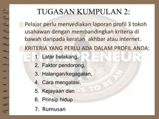 TUGASAN KUMPULAN 2:
 Pelajar perlu menyediakan laporan profil 3 tokoh
usahawan dengan membandingkan kriteria di
bawah daripada keratan akhbar atau internet.
 KRITERIA YANG PERLU ADA DALAM PROFIL ANDA:
1. Latar belakang,
2. Faktor pendorong,
3. Halangan/kegagalan,
4. Cara mengatasi,
5. Kejayaan dan
6. Prinsip hidup
7. Rumusan
 