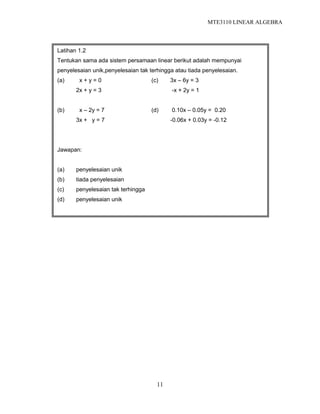 MTE3110 LINEAR ALGEBRA
11
Latihan 1.2
Tentukan sama ada sistem persamaan linear berikut adalah mempunyai
penyelesaian unik,penyelesaian tak terhingga atau tiada penyelesaian.
(a) x + y = 0 (c) 3x – 6y = 3
2x + y = 3 -x + 2y = 1
(b) x – 2y = 7 (d) 0.10x – 0.05y = 0.20
3x + y = 7 -0.06x + 0.03y = -0.12
Jawapan:
(a) penyelesaian unik
(b) tiada penyelesaian
(c) penyelesaian tak terhingga
(d) penyelesaian unik
 