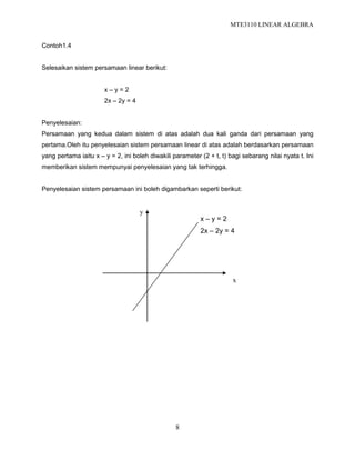 MTE3110 LINEAR ALGEBRA
8
Contoh1.4
Selesaikan sistem persamaan linear berikut:
x – y = 2
2x – 2y = 4
Penyelesaian:
Persamaan yang kedua dalam sistem di atas adalah dua kali ganda dari persamaan yang
pertama.Oleh itu penyelesaian sistem persamaan linear di atas adalah berdasarkan persamaan
yang pertama iaitu x – y = 2, ini boleh diwakili parameter (2 + t, t) bagi sebarang nilai nyata t. Ini
memberikan sistem mempunyai penyelesaian yang tak terhingga.
Penyelesaian sistem persamaan ini boleh digambarkan seperti berikut:
x
y
x – y = 2
2x – 2y = 4
 