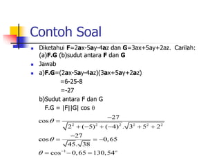 Contoh Soal 
 Diketahui F=2ax-5ay-4az dan G=3ax+5ay+2az. Carilah: 
(a)F.G (b)sudut antara F dan G 
 Jawab 
 a)F.G=(2ax-5ay-4az)(3ax+5ay+2az) 
=6-25-8 
=-27 
b)Sudut antara F dan G 
F.G = |F||G| cos  
2 2 2 2 2 2 
1 
27 
cos 
2 ( 5) ( 4) . 3 5 2 
27 
 
cos 0,65 
45. 38 
 
cos 0,65 130,54o 
  
 
 
      
 
   
   
 