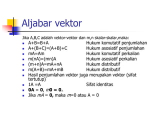 Aljabar vektor 
Jika A,B,C adalah vektor-vektor dan m,n skalar-skalar,maka: 
 A+B=B+A Hukum komutatif penjumlahan 
 A+(B+C)=(A+B)+C Hukum asosiatif penjumlahan 
 mA=Am Hukum komutatif perkalian 
 m(nA)=(mn)A Hukum asosiatif perkalian 
 (m+n)A=mA+nA Hukum distributif 
 m(A+B)=mA+mB Hukum distributif 
 Hasil penjumlahan vektor juga merupakan vektor (sifat 
tertutup) 
 1A =A Sifat identitas 
 0A = 0, m0 = 0. 
 Jika mA = 0, maka m=0 atau A = 0 
 
