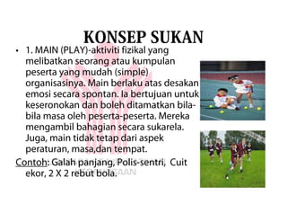 KONSEP SUKAN
• 1. MAIN (PLAY)-aktiviti fizikal yang
  melibatkan seorang atau kumpulan
  peserta yang mudah (simple)
  organisasinya. Main berlaku atas desakan
  emosi secara spontan. Ia bertujuan untuk
  keseronokan dan boleh ditamatkan bila-
  bila masa oleh peserta-peserta. Mereka
  mengambil bahagian secara sukarela.
  Juga, main tidak tetap dari aspek
  peraturan, masa,dan tempat.
Contoh: Galah panjang, Polis-sentri, Cuit
  ekor, 2 X 2 rebut bola.
 