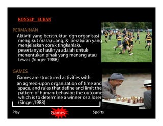 KONSEP SUKAN

PERMAINAN
  Aktiviti yang berstruktur dgn organisasi
  mengikut masa,ruang, & peraturan yang
  menjelaskan corak tingkahlaku
  pesertanya; hasilnya adalah untuk
  menentukan pihak yang menang atau
  tewas (Singer 1988)

GAMES
 Games are structured activities with
 an agreed-upon organization of time and
  space, and rules that define and limit the
  pattern of human behavior; the outcome
  which is to determine a winner or a loser
  (Singer,1988)
Play              Games                Sports
 