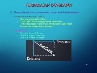 RESISTANCE DAN REACTANCE:
 Unit ukurannya dalam ohm
 Tidak boleh diukur menggunakan ohm meter
 Terhasil daripada ruang antara konduktor dengan kabel,
bergantung kepada diameter kabel
KESIMPULAN :
 Semakin tinggi rintangan
 Semakin kurang regangan
 Semakin rendah halangan
10
PERKAKASAN RANGKAIAN
2. Mengenal pasti jenis-jenis gangguan isyarat pada kabel rangkaian
 