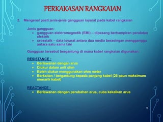 2. Mengenal pasti jenis-jenis gangguan isyarat pada kabel rangkaian
Jenis gangguan:
 gangguan elektromagnetik (EMI) – dipasang berhampiran peralatan
elektrik
 crosstalk – data isyarat antara dua media berasingan mengganggu
antara satu sama lain
Gangguan tersebut bergantung di mana kabel rangkaian digunakan:
RESISTANCE :
 Berlawanan dengan arus
 Diukur dalam unit ohm
 Boleh diukur menggunakan ohm meter
 Berkaitan / bergantung kepada panjang kabel (25 paun maksimum
menarik kabel)
REACTANCE :
 Berlawanan dengan perubahan arus, cuba kekalkan arus
9
PERKAKASAN RANGKAIAN
 