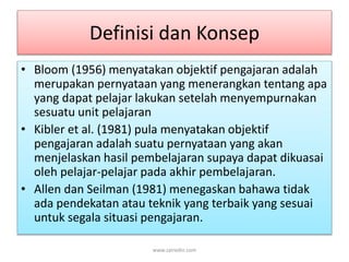 Definisi dan Konsep 
• Bloom (1956) menyatakan objektif pengajaran adalah 
merupakan pernyataan yang menerangkan tentang apa 
yang dapat pelajar lakukan setelah menyempurnakan 
sesuatu unit pelajaran 
• Kibler et al. (1981) pula menyatakan objektif 
pengajaran adalah suatu pernyataan yang akan 
menjelaskan hasil pembelajaran supaya dapat dikuasai 
oleh pelajar-pelajar pada akhir pembelajaran. 
• Allen dan Seilman (1981) menegaskan bahawa tidak 
ada pendekatan atau teknik yang terbaik yang sesuai 
untuk segala situasi pengajaran. 
www.zairedin.com 
 