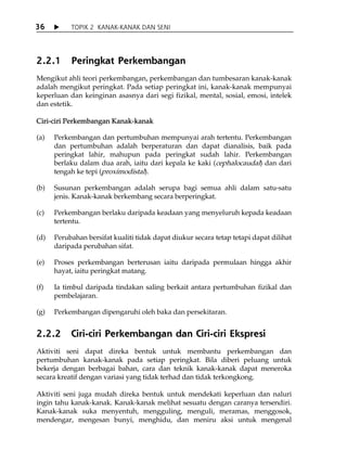 36         TOPIK 2 KANAK-KANAK DAN SENI




2.2.1      Peringkat Perkembangan
Mengikut ahli teori perkembangan, perkembangan dan tumbesaran kanak-kanak
adalah mengikut peringkat. Pada setiap peringkat ini, kanak-kanak mempunyai
keperluan dan keinginan asasnya dari segi fizikal, mental, sosial, emosi, intelek
dan estetik.

Ciri-ciri Perkembangan Kanak-kanak

(a)   Perkembangan dan pertumbuhan mempunyai arah tertentu. Perkembangan
      dan pertumbuhan adalah berperaturan dan dapat dianalisis, baik pada
      peringkat lahir, mahupun pada peringkat sudah lahir. Perkembangan
      berlaku dalam dua arah, iaitu dari kepala ke kaki (cephalocaudal) dan dari
      tengah ke tepi (proximodistal).

(b)   Susunan perkembangan adalah serupa bagi semua ahli dalam satu-satu
      jenis. Kanak-kanak berkembang secara berperingkat.

(c)   Perkembangan berlaku daripada keadaan yang menyeluruh kepada keadaan
      tertentu.

(d)   Perubahan bersifat kualiti tidak dapat diukur secara tetap tetapi dapat dilihat
      daripada perubahan sifat.

(e)   Proses perkembangan berterusan iaitu daripada permulaan hingga akhir
      hayat, iaitu peringkat matang.

(f)   Ia timbul daripada tindakan saling berkait antara pertumbuhan fizikal dan
      pembelajaran.

(g)   Perkembangan dipengaruhi oleh baka dan persekitaran.


2.2.2      Ciri-ciri Perkembangan dan Ciri-ciri Ekspresi
Aktiviti seni dapat direka bentuk untuk membantu perkembangan dan
pertumbuhan kanak-kanak pada setiap peringkat. Bila diberi peluang untuk
bekerja dengan berbagai bahan, cara dan teknik kanak-kanak dapat meneroka
secara kreatif dengan variasi yang tidak terhad dan tidak terkongkong.

Aktiviti seni juga mudah direka bentuk untuk mendekati keperluan dan naluri
ingin tahu kanak-kanak. Kanak-kanak melihat sesuatu dengan caranya tersendiri.
Kanak-kanak suka menyentuh, mengguling, menguli, meramas, menggosok,
mendengar, mengesan bunyi, menghidu, dan meniru aksi untuk mengenal
 