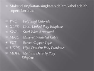 Maksud singkatan-singkatan dalam kabel adalah seperti berikut: PVC Polyvinyl Chloride XLPE Cross Linked Poly Ethylene SWA Steel Wire Armoured MICC Mineral Insulated Cable SCT Screen Copper Tape HDPE High Density Poly Ethylene MDPE Medium Density Poly    Ethylene 