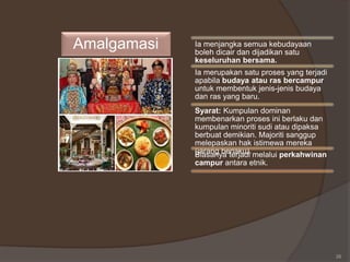 26
Amalgamasi Ia menjangka semua kebudayaan
boleh dicair dan dijadikan satu
keseluruhan bersama.
Ia merupakan satu proses yang terjadi
apabila budaya atau ras bercampur
untuk membentuk jenis-jenis budaya
dan ras yang baru.
Syarat: Kumpulan dominan
membenarkan proses ini berlaku dan
kumpulan minoriti sudi atau dipaksa
berbuat demikian. Majoriti sanggup
melepaskan hak istimewa mereka
(jarang berlaku).Biasanya terjadi melalui perkahwinan
campur antara etnik.
 