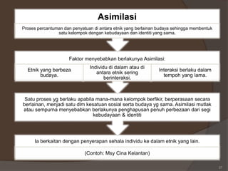 27
Ia berkaitan dengan penyerapan sehala individu ke dalam etnik yang lain.
(Contoh: Msy Cina Kelantan)
Satu proses yg berlaku apabila mana-mana kelompok berfikir, berperasaan secara
berlainan, menjadi satu dlm kesatuan sosial serta budaya yg sama. Asimilasi mutlak
atau sempurna menyebabkan berlakunya penghapusan penuh perbezaan dari segi
kebudayaan & identiti
Faktor menyebabkan berlakunya Asimilasi:
Etnik yang berbeza
budaya.
Individu di dalam atau di
antara etnik sering
berinteraksi.
Interaksi berlaku dalam
tempoh yang lama.
Asimilasi
Proses percantuman dan penyatuan di antara etnik yang berlainan budaya sehingga membentuk
satu kelompok dengan kebudayaan dan identiti yang sama.
 