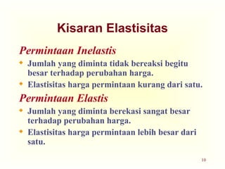10
Kisaran Elastisitas
Permintaan Inelastis
 Jumlah yang diminta tidak bereaksi begitu
besar terhadap perubahan harga.
 Elastisitas harga permintaan kurang dari satu.
Permintaan Elastis
 Jumlah yang diminta berekasi sangat besar
terhadap perubahan harga.
 Elastisitas harga permintaan lebih besar dari
satu.
 