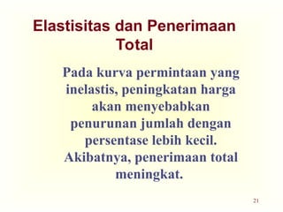 21
Elastisitas dan Penerimaan
Total
Pada kurva permintaan yang
inelastis, peningkatan harga
akan menyebabkan
penurunan jumlah dengan
persentase lebih kecil.
Akibatnya, penerimaan total
meningkat.
 