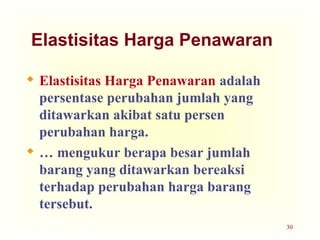 30
Elastisitas Harga Penawaran
 Elastisitas Harga Penawaran adalah
persentase perubahan jumlah yang
ditawarkan akibat satu persen
perubahan harga.
 … mengukur berapa besar jumlah
barang yang ditawarkan bereaksi
terhadap perubahan harga barang
tersebut.
 