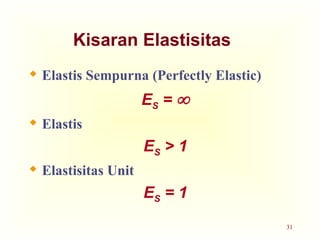 31
Kisaran Elastisitas
 Elastis Sempurna (Perfectly Elastic)
ES = 
 Elastis
ES > 1
 Elastisitas Unit
ES = 1
 