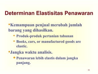 38
Determinan Elastisitas Penawaran
Kemampuan penjual merubah jumlah
barang yang dihasilkan.
 Produk-produk pertanian tahunan
 Books, cars, or manufactured goods are
elastic.
Jangka waktu analisis.
 Penawaran lebih elastis dalam jangka
panjang.
 
