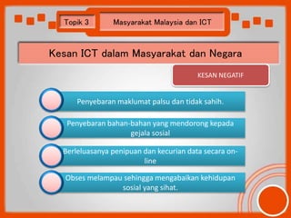 Topik 3 Masyarakat Malaysia dan ICT 
Kesan ICT dalam Masyarakat dan Negara 
KESAN NEGATIF 
Penyebaran maklumat palsu dan t...