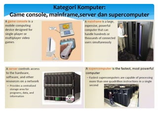 Kategori Komputer:
Game console, mainframe,server dan supercomputer
 