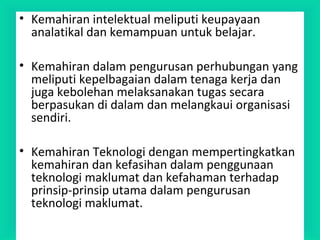 • Kemahiran intelektual meliputi keupayaan
analatikal dan kemampuan untuk belajar.
• Kemahiran dalam pengurusan perhubungan yang
meliputi kepelbagaian dalam tenaga kerja dan
juga kebolehan melaksanakan tugas secara
berpasukan di dalam dan melangkaui organisasi
sendiri.
• Kemahiran Teknologi dengan mempertingkatkan
kemahiran dan kefasihan dalam penggunaan
teknologi maklumat dan kefahaman terhadap
prinsip-prinsip utama dalam pengurusan
teknologi maklumat.
 