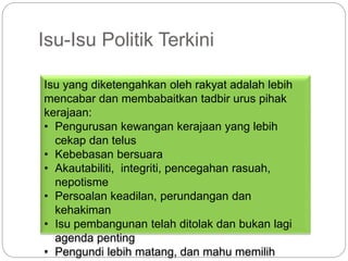 Isu-Isu Politik Terkini
Isu yang diketengahkan oleh rakyat adalah lebih
mencabar dan membabaitkan tadbir urus pihak
kerajaan:
• Pengurusan kewangan kerajaan yang lebih
cekap dan telus
• Kebebasan bersuara
• Akautabiliti, integriti, pencegahan rasuah,
nepotisme
• Persoalan keadilan, perundangan dan
kehakiman
• Isu pembangunan telah ditolak dan bukan lagi
agenda penting
• Pengundi lebih matang, dan mahu memilih
 