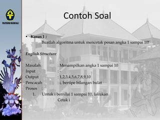 Contoh Soal
 Kasus 1 :
Buatlah algoritma untuk mencetak pesan angka 1 sampai 10!
English Structure
Masalah : Menampilkan angka 1 sampai 10
Input : -
Output : 1,2,3,4,5,6,7,8,9,10
Pencacah : i, bertipe bilangan bulat
Proses :
1. Untuk i bernilai 1 sampai 10, lakukan
Cetak i
 
