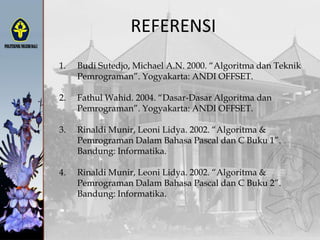 REFERENSI
1. Budi Sutedjo, Michael A.N. 2000. “Algoritma dan Teknik
Pemrograman”. Yogyakarta: ANDI OFFSET.
2. Fathul Wahid. 2004. “Dasar-Dasar Algoritma dan
Pemrograman”. Yogyakarta: ANDI OFFSET.
3. Rinaldi Munir, Leoni Lidya. 2002. “Algoritma &
Pemrograman Dalam Bahasa Pascal dan C Buku 1”.
Bandung: Informatika.
4. Rinaldi Munir, Leoni Lidya. 2002. “Algoritma &
Pemrograman Dalam Bahasa Pascal dan C Buku 2”.
Bandung: Informatika.
 