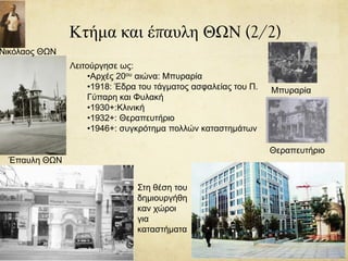 Κτήμα και έπαυλη ΘΩΝ (2/2)
Έπαυλη ΘΩΝ
Νικόλαος ΘΩΝ
Μπυραρία
Θεραπευτήριο
Λειτούργησε ως:
•Αρχές 20ου αιώνα: Μπυραρία
•1918: Έδρα του τάγματος ασφαλείας του Π.
Γύπαρη και Φυλακή
•1930+:Κλινική
•1932+: Θεραπευτήριο
•1946+: συγκρότημα πολλών καταστημάτων
Στη θέση του
δημιουργήθη
καν χώροι
για
καταστήματα
 