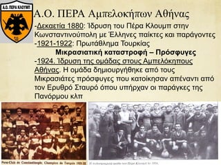 Α.Ο. ΠΕΡΑ Αμπελοκήπων Αθήνας
-Δεκαετία 1880: Ίδρυση του Πέρα Κλουμπ στην
Κωνσταντινούπολη με Έλληνες παίκτες και παράγοντες
-1921-1922: Πρωτάθλημα Τουρκίας
Μικρασιατική καταστροφή – Πρόσφυγες
-1924. Ίδρυση της ομάδας στους Αμπελόκηπους
Αθήνας. Η ομάδα δημιουργήθηκε από τους
Μικρασιάτες πρόσφυγες που κατοίκησαν απέναντι από
τον Ερυθρό Σταυρό όπου υπήρχαν οι παράγκες της
Πανόρμου κλπ
 