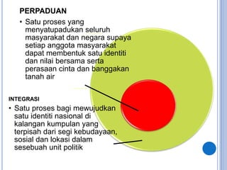 PERPADUAN
• Satu proses yang
menyatupadukan seluruh
masyarakat dan negara supaya
setiap anggota masyarakat
dapat membentuk satu identiti
dan nilai bersama serta
perasaan cinta dan banggakan
tanah air
INTEGRASI
• Satu proses bagi mewujudkan
satu identiti nasional di
kalangan kumpulan yang
terpisah dari segi kebudayaan,
sosial dan lokasi dalam
sesebuah unit politik
 