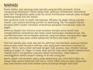 NARASI
Suatu ketika, ada seorang anak laki-laki yang bersifat pemarah. Untuk
mengurangi kebiasaan marah sang anak, ayahnya memberikan sekantong
paku dan mengatakan pada anak itu untuk memakukan sebuah paku di pagar
belakang setiap kali dia marah.
Hari pertama anak itu telah memakukan 48 paku ke pagar setiap kali dia
marah. Lalu secara bertahap jumlah itu berkurang. Dia mendapati bahwa
ternyata lebih mudah menahan amarahnya daripada memakukan paku ke
pagar.
Akhirnya tibalah hari dimana anak tersebut merasa sama sekali bisa
mengendalikan amarahnya dan tidak cepat kehilangan kesabarannya. Dia
memberitahukan hal ini kepada ayahnya, yang kemudian mengusulkan agar
dia mencabut satu paku untuk setiap hari dimana dia tidak marah.
Hari-hari berlalu dan anak laki-laki itu akhirnya memberitahu ayahnya bahwa
semua paku telah tercabut olehnya. Lalu sang ayah menuntun anaknya ke
pagar. “Hmm, kamu telah berhasil dengan baik anakku, tapi, lihatlah lubang-
lubang di pagar ini. Pagar ini tidak akan pernah bisa sama seperti sebelumnya.
“Ketika kamu mengatakan sesuatu dalam kemarahan. Kata-katamu
meninggalkan bekas seperti lubang ini di hati orang lain.
Kamu dapat menusukkan pisau pada seseorang, lalu mencabut pisau itu.
Tetapi tidak peduli beberapa kali kamu minta maaf, luka itu akan tetap ada.
Dan luka karena kata-kata adalah sama buruknya dengan luka fisik”
 