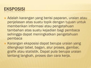 EKSPOSISI
 Adalah karangan yang berisi paparan, uraian atau
  penjelasan atas suatu topik dengan tujuan untuk
  memberikan informasi atau pengetahuan
  tambahan atas suatu kejadian bagi pembaca
  sehingga dapat meningkatkan pengetahuan
  pembaca
 Karangan eksposisi dapat berupa uraian yang
  dilengkapi tabel, bagan, alur proses, gambar,
  grafik atau statistik. Dapat pula berupa uraian
  tentang langkah, proses dan cara kerja.
 