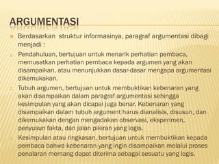 ARGUMENTASI
    Berdasarkan struktur informasinya, paragraf argumentasi dibagi
     menjadi :
1.   Pendahuluan, bertujuan untuk menarik perhatian pembaca,
     memusatkan perhatian pembaca kepada argumen yang akan
     disampaikan, atau menunjukkan dasar-dasar mengapa argumentasi
     dikemukakan.
2.   Tubuh argumen, bertujuan untuk membuktikan kebenaran yang
     akan disampaikan dalam paragraf argumentasi sehingga
     kesimpulan yang akan dicapai juga benar. Kebenaran yang
     disampaikan dalam tubuh argument harus dianalisis, disusun, dan
     dikemukakan dengan mengadakan observasi, eksperimen,
     penyusun fakta, dan jalan pikiran yang logis.
3.   Kesimpulan atau ringkasan, bertujuan untuk membuktikan kepada
     pembaca bahwa kebenaran yang ingin disampaikan melalui proses
     penalaran memang dapat diterima sebagai sesuatu yang logis.
 