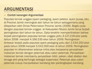 ARGUMENTASI
  Contoh karangan Argumentasi
Populasi ternak unggas (ayam pedaging, ayam petelur, ayam buras, itik)
di Provinsi Jambi meningkat dari tahun ke tahun sebagaimana yang
dilaporkan oleh Dinas Peternakan Provinsi Jambi (2009). Begitu pula
dengan populasi ternak unggas di Kabupaten Muaro Jambi terus terjadi
peningkatan dari tahun ke tahun. Data terakhir memperlihatkan bahwa
terjadi peningkatan populasi ternak unggas yaitu 3.127.218 ekor pada
tahun 2008 menjadi 4.166.535 ekor tahun 2009. Peningkatan
terbesar terjadi pada populasi ayam pedaging yaitu dari 2.534.250 ekor
pada tahun 2008 menjadi 3.542.000 ekor di tahun 2009. Peningkatan
populasi ini dikarenakan adanya mitra atau kerjasama perusahaan
makanan ternak dengan peternak atau calon peternak. Perusahaan
makanan ternak membantu penyediaan bibit, pakan, obat obatan dan
tenaga ahli yang berfungsi sebagai supervisor. Peternak atau calon
peternak cukup menyediakan kandang dan perlengkapan kandang.
 