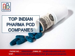 PHONE NO. – 9996103333, EMAIL ID - info@nimblesbiotech.com
VISIT - www.nimblesbiotech.in/top-indian-pharma-pcd-companies
TOP INDIAN
PHARMA PCD
COMPANIES
 