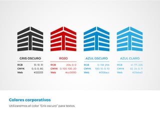 Colores corporativos
Utilizaremos el color “Gris oscuro” para textos.
GRIS OSCURO
RGB 51, 51, 51
CMYK 0, 0, 0, 80
Web #333333
ROJO
RGB 204, 0, 0
CMYK 0, 100, 100, 20
Web #cc0000
AZUL OSCURO
RGB 0, 138, 204
CMYK 100, 10, 0, 10
Web #008acc
AZUL CLARO
RGB 41, 171, 226
CMYK 82, 24, 0, 11
Web #29abe2
 