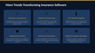 More Trends Transforming Insurance Software
🔗
Blockchain for Policy Records
Immutable policy records and smart contract-
based auto-settlements gaining mainstream
adoption in 2026.
📱
Mobile-First Insurance Apps
Over 68% of policyholders now manage
insurance via mobile — driving demand for
native iOS/Android solutions.
️
🌡️
IoT & Telematics Integration
Usage-based insurance (UBI) powered by IoT
sensors in vehicles, homes, and wearables
growing exponentially.
️
🛡️
Cybersecurity in InsurTech
With rising cyber threats, insurance platforms
integrating zero-trust architectures as default
standard.
🤖
Robotic Process Automation
RPA bots handling 80%+ of routine insurance
data entry, renewals, and document processing
tasks.
🌍
RegTech & Compliance Automation
Automated regulatory compliance across
multiple jurisdictions becoming critical
differentiator for insurers.
 